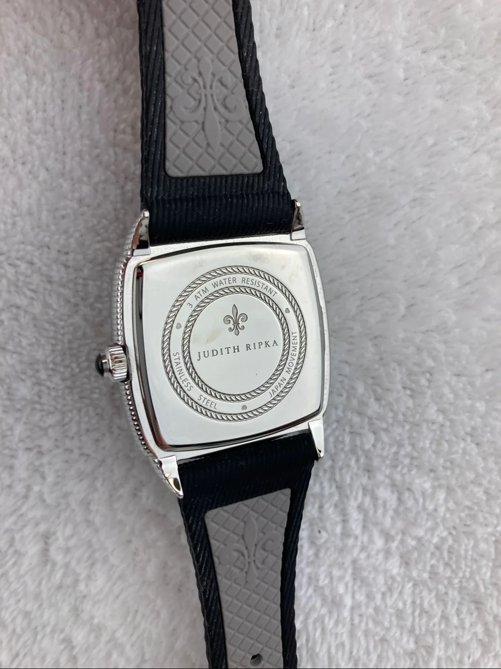 Judith Ripka Women’s Watch Mother of Pearl Dial with Black Silicone Band  9”